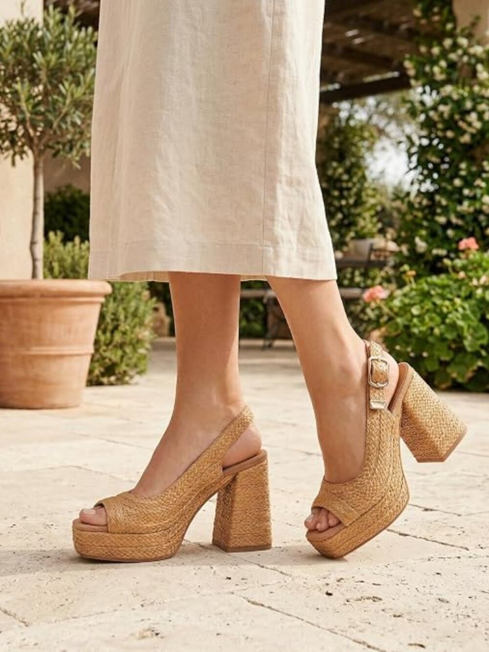 NIB Women’s Raffia Platform Chunky Block Heel, Retro Woven, Slingback Heel